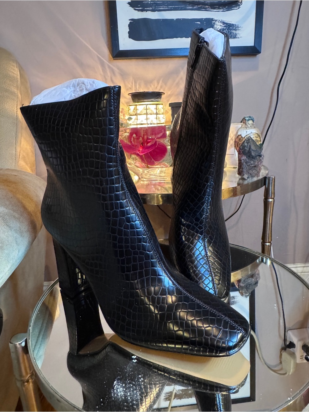 Katy Perry Luvlie Black Croc-Embossed High Heel Ankle Boots Sz 11